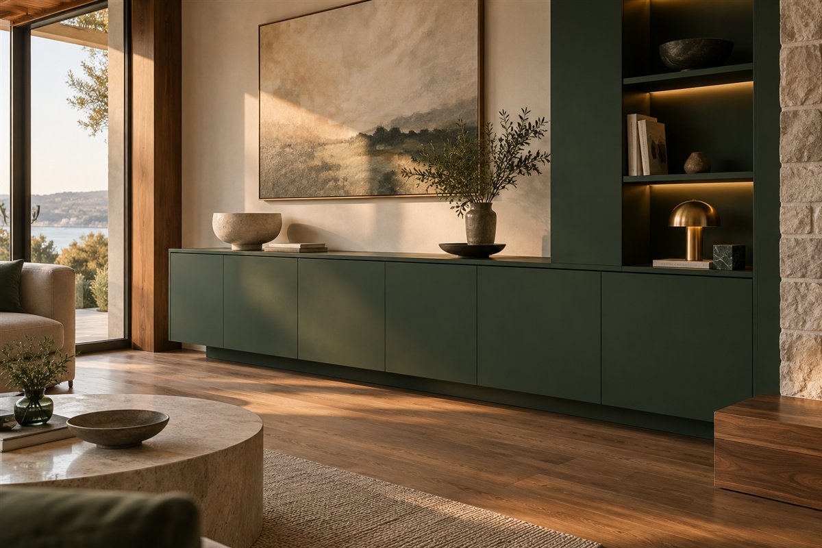 Custom deep green polyurethane sideboard cabinetry