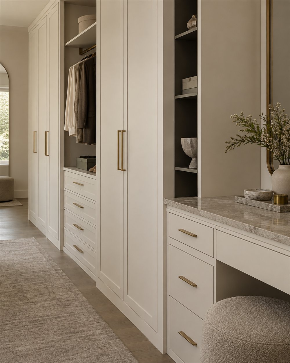 Warm ivory polyurethane wardrobe and vanity cabinetry