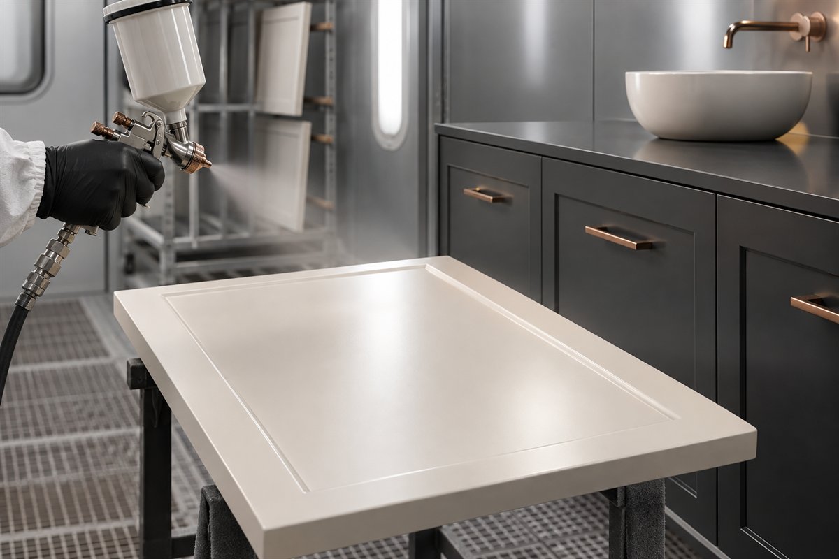 Detailed professional spray finishing on cabinetry